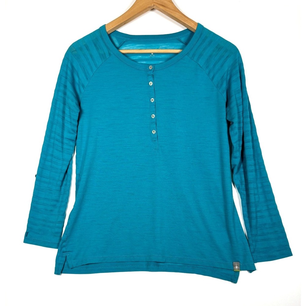 Smartwool‎ Merino Wool Henley Top Womens Medium Blue Base Layer Hiking Outdoor